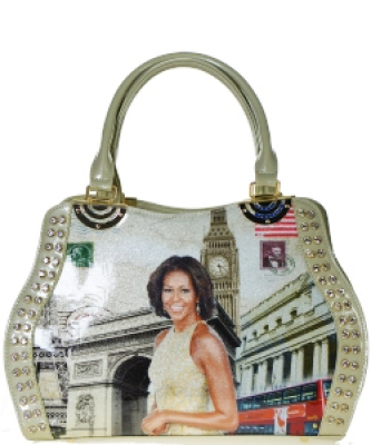 Fashion Magazine Print Faux Patent Leather Handbag With Gold Embellishments